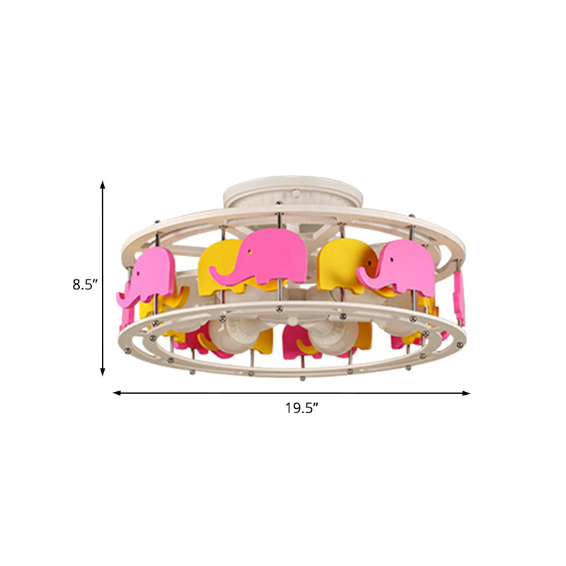 Elephant/Boat/Rudder Semi Flush Lamp with Drum Design Kids Wood 5-Light Pink and Yellow/Pink and Blue Flush Mount Clearhalo 'Ceiling Lights' 'Close To Ceiling Lights' 'Close to ceiling' 'Semi-flushmount' Lighting' 916788