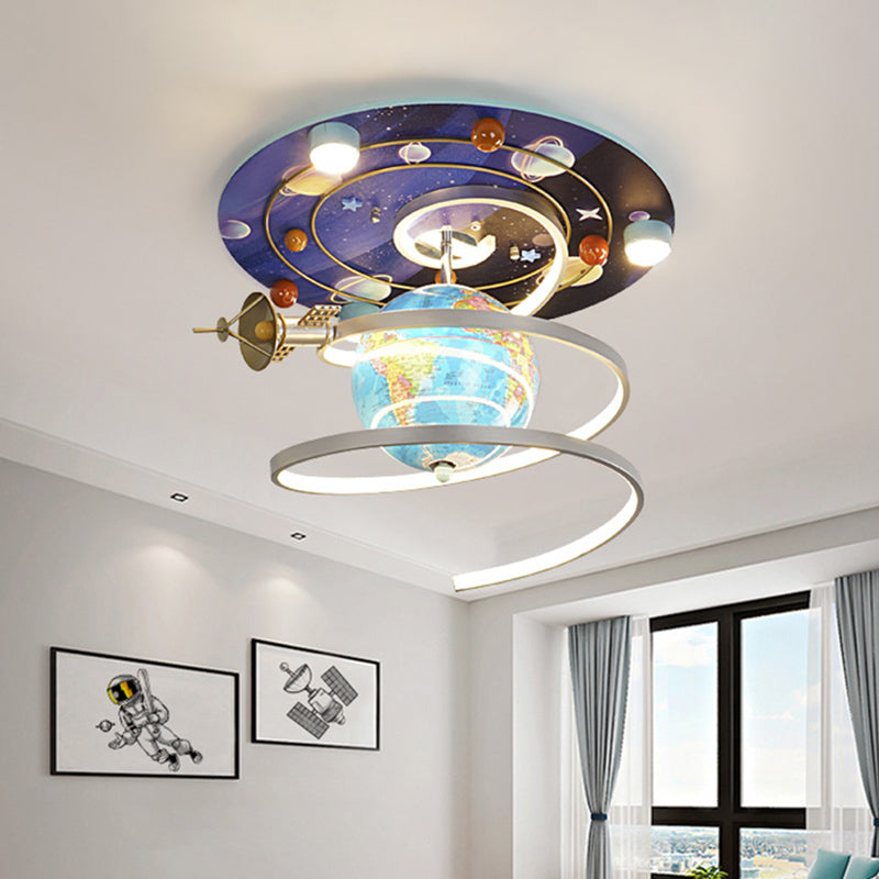 Blue Finish Globe Ceiling Flush Mount Cartoon LED Wood Flush Light Fixture for Kids Bedroom Blue Clearhalo 'Ceiling Lights' 'Close To Ceiling Lights' 'Close to ceiling' 'Flush mount' Lighting' 916789