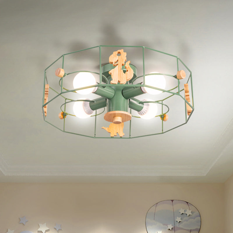 Iron Drum Frame Semi Flush Lighting Cartoon 4 Lights Green Finish Close to Ceiling Lamp Green Clearhalo 'Ceiling Lights' 'Close To Ceiling Lights' 'Close to ceiling' 'Semi-flushmount' Lighting' 916817