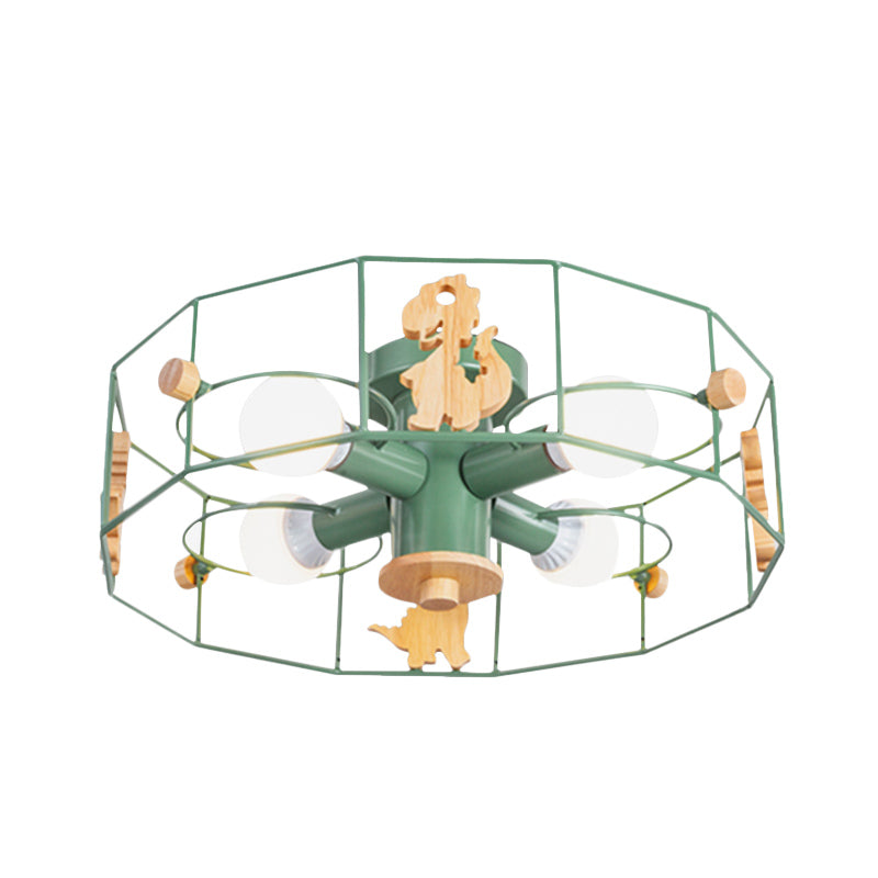 Iron Drum Frame Semi Flush Lighting Cartoon 4 Lights Green Finish Close to Ceiling Lamp Clearhalo 'Ceiling Lights' 'Close To Ceiling Lights' 'Close to ceiling' 'Semi-flushmount' Lighting' 916819