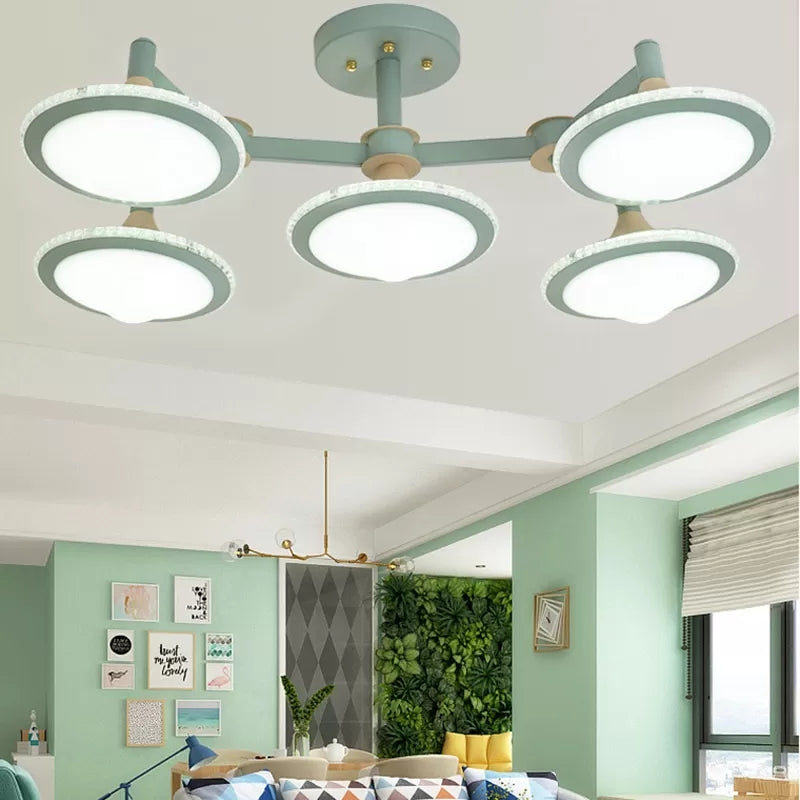 Modern Macaron Gyro Flush Ceiling Light Metal 5 Lights Green Ceiling Fixture for Study Room Green Clearhalo 'Ceiling Lights' 'Close To Ceiling Lights' 'Close to ceiling' 'Semi-flushmount' Lighting' 91682