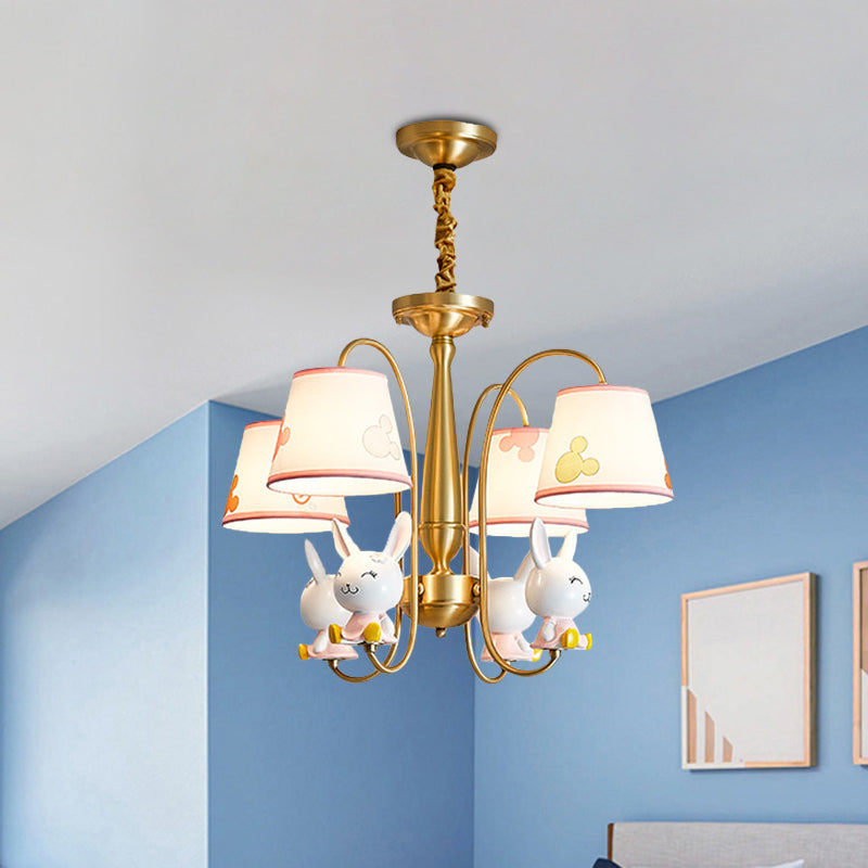 Gold Finish Barrel Shade Chandelier Cartoon 4 Bulbs Fabric Hanging Ceiling Light with Rabbit Deco Clearhalo 'Ceiling Lights' 'Chandeliers' Lighting' options 916821