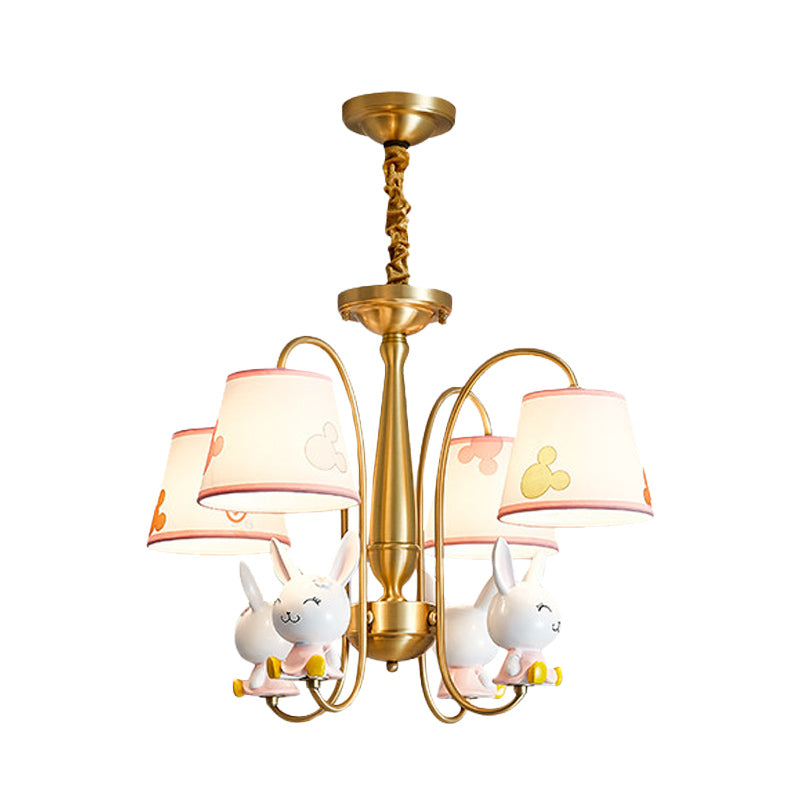 Gold Finish Barrel Shade Chandelier Cartoon 4 Bulbs Fabric Hanging Ceiling Light with Rabbit Deco Clearhalo 'Ceiling Lights' 'Chandeliers' Lighting' options 916822