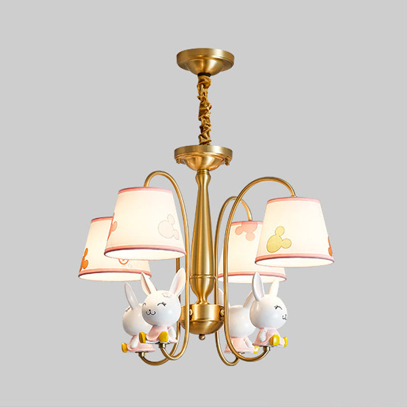 Gold Finish Barrel Shade Chandelier Cartoon 4 Bulbs Fabric Hanging Ceiling Light with Rabbit Deco Clearhalo 'Ceiling Lights' 'Chandeliers' Lighting' options 916823