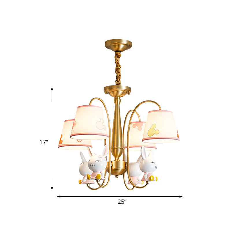 Gold Finish Barrel Shade Chandelier Cartoon 4 Bulbs Fabric Hanging Ceiling Light with Rabbit Deco Clearhalo 'Ceiling Lights' 'Chandeliers' Lighting' options 916824