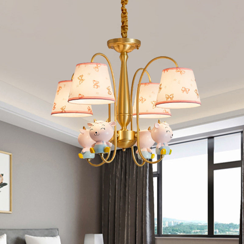 Fabric Barrel Shade Pendant Chandelier Kids 4-Light Ceiling Suspension Lamp with Sheep Decor in Gold Clearhalo 'Ceiling Lights' 'Chandeliers' Lighting' options 916825