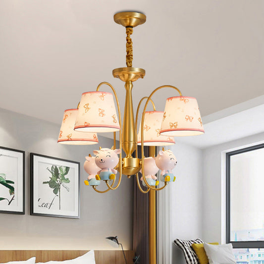 Fabric Barrel Shade Pendant Chandelier Kids 4-Light Ceiling Suspension Lamp with Sheep Decor in Gold Clearhalo 'Ceiling Lights' 'Chandeliers' Lighting' options 916826