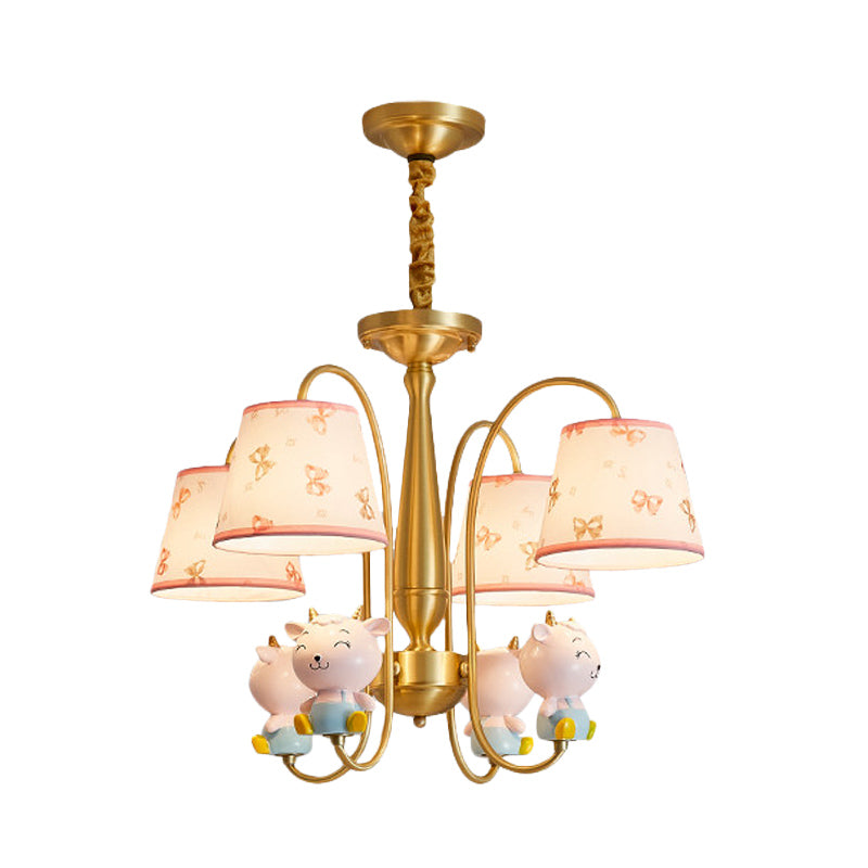 Fabric Barrel Shade Pendant Chandelier Kids 4-Light Ceiling Suspension Lamp with Sheep Decor in Gold Clearhalo 'Ceiling Lights' 'Chandeliers' Lighting' options 916827