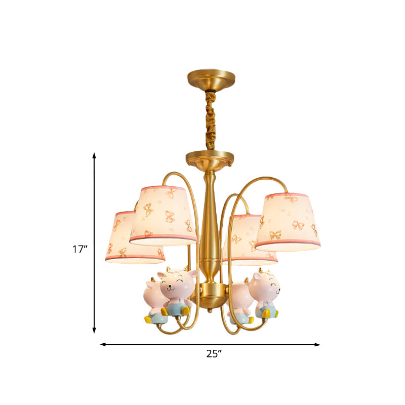 Fabric Barrel Shade Pendant Chandelier Kids 4-Light Ceiling Suspension Lamp with Sheep Decor in Gold Clearhalo 'Ceiling Lights' 'Chandeliers' Lighting' options 916828