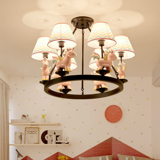 Pink Unicorn Pendulum Light with Black Ring Design Cartoon 6 Heads Fabric Ceiling Chandelier Clearhalo 'Ceiling Lights' 'Chandeliers' Lighting' options 916829