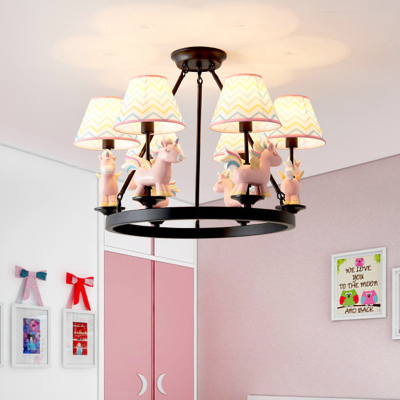 Pink Unicorn Pendulum Light with Black Ring Design Cartoon 6 Heads Fabric Ceiling Chandelier Clearhalo 'Ceiling Lights' 'Chandeliers' Lighting' options 916830