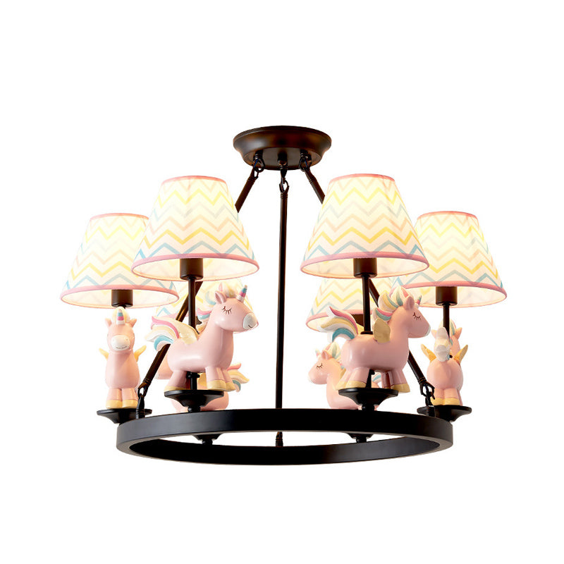 Pink Unicorn Pendulum Light with Black Ring Design Cartoon 6 Heads Fabric Ceiling Chandelier Clearhalo 'Ceiling Lights' 'Chandeliers' Lighting' options 916831