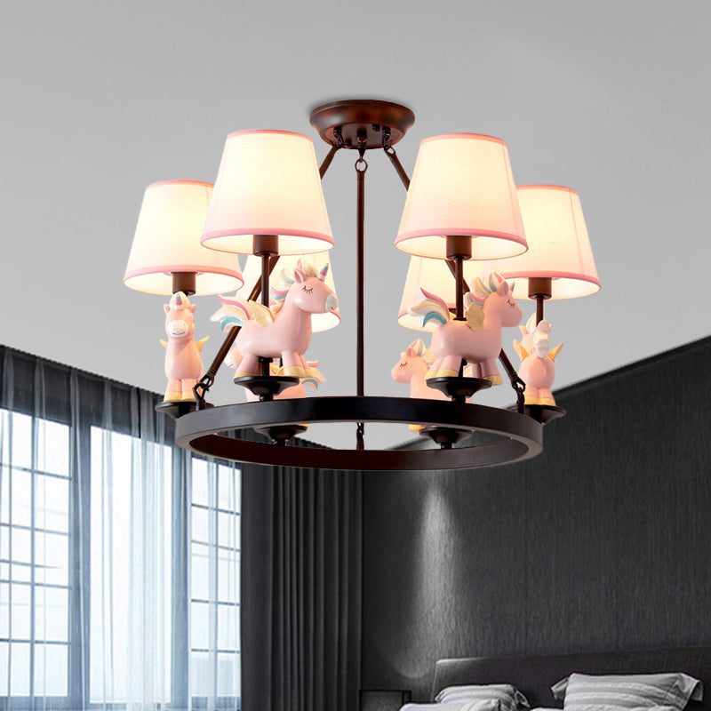 Pink Unicorn Pendulum Light with Black Ring Design Cartoon 6 Heads Fabric Ceiling Chandelier Clearhalo 'Ceiling Lights' 'Chandeliers' Lighting' options 916833