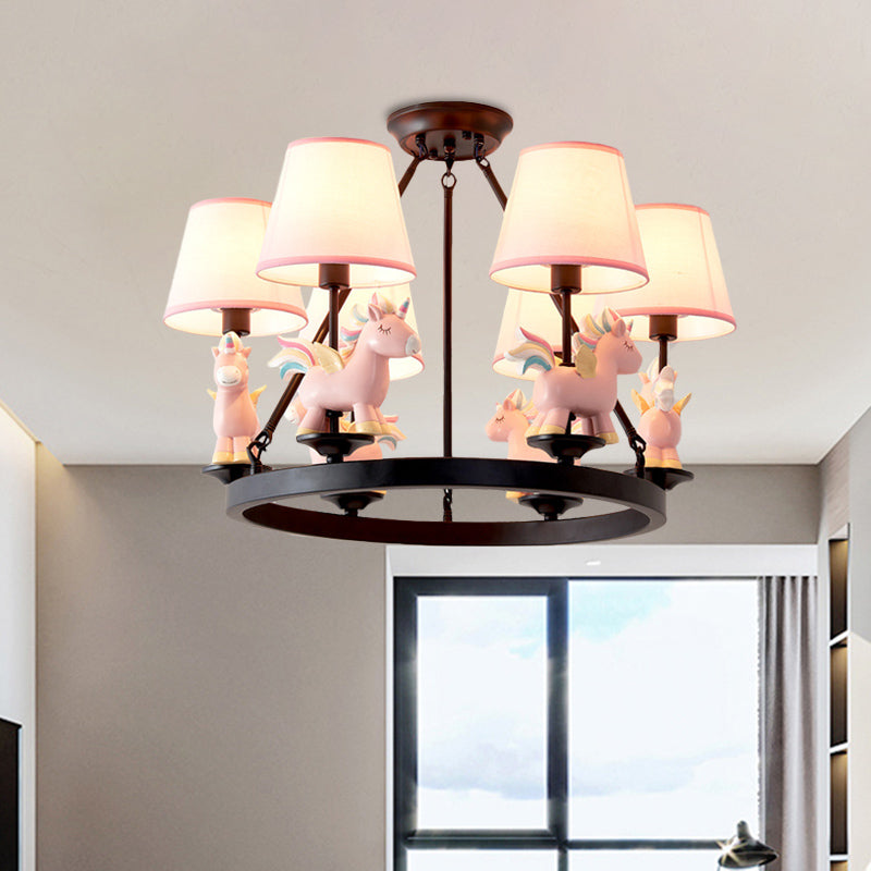 Pink Unicorn Pendulum Light with Black Ring Design Cartoon 6 Heads Fabric Ceiling Chandelier Clearhalo 'Ceiling Lights' 'Chandeliers' Lighting' options 916834