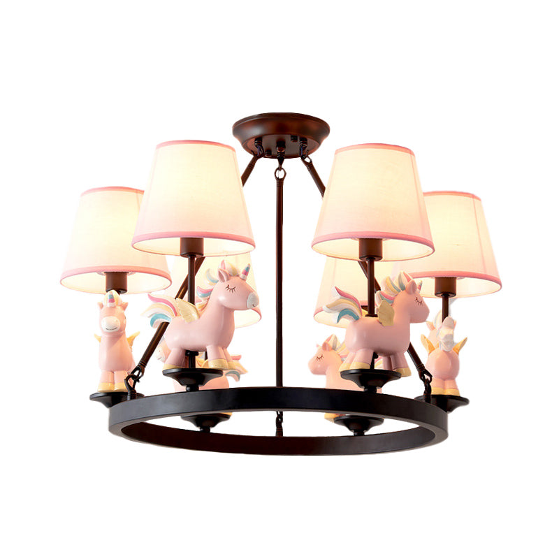 Pink Unicorn Pendulum Light with Black Ring Design Cartoon 6 Heads Fabric Ceiling Chandelier Clearhalo 'Ceiling Lights' 'Chandeliers' Lighting' options 916835