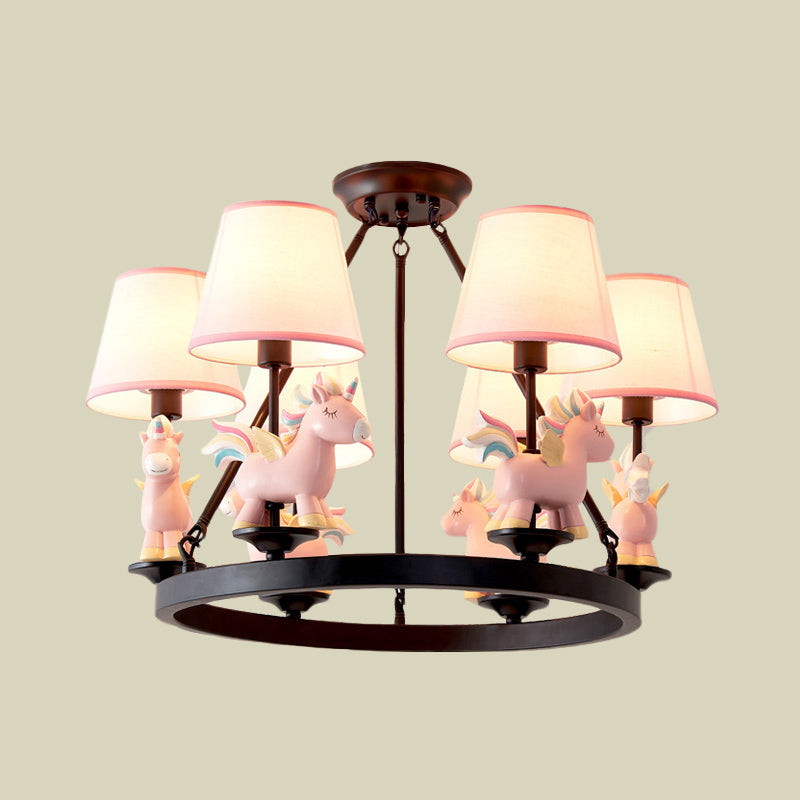 Pink Unicorn Pendulum Light with Black Ring Design Cartoon 6 Heads Fabric Ceiling Chandelier Clearhalo 'Ceiling Lights' 'Chandeliers' Lighting' options 916836