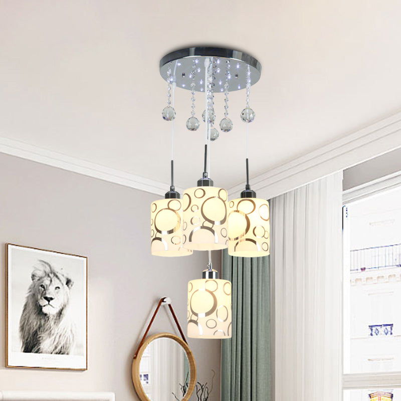 Patterned Glass Cylinder Multiple Hanging Lamp Modernism 4 Bulbs Pendulum Light in Chrome with Crystal Drip Chrome Clearhalo 'Ceiling Lights' 'Modern Pendants' 'Modern' 'Pendant Lights' 'Pendants' Lighting' 916896