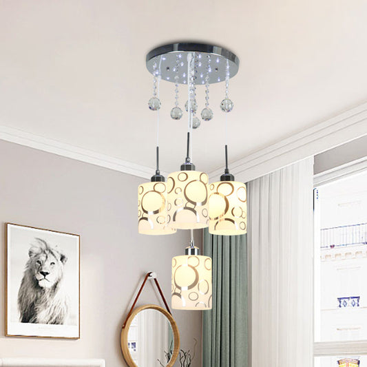 Patterned Glass Cylinder Multiple Hanging Lamp Modernism 4 Bulbs Pendulum Light in Chrome with Crystal Drip Chrome Clearhalo 'Ceiling Lights' 'Modern Pendants' 'Modern' 'Pendant Lights' 'Pendants' Lighting' 916896
