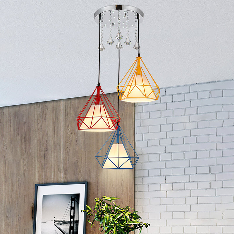 Red-Yellow-Blue Diamond Cage Pendant Lamp Modern 3-Head Iron Multi Light Ceiling Lighting Red-Yellow-Blue Clearhalo 'Ceiling Lights' 'Modern Pendants' 'Modern' 'Pendant Lights' 'Pendants' Lighting' 916904