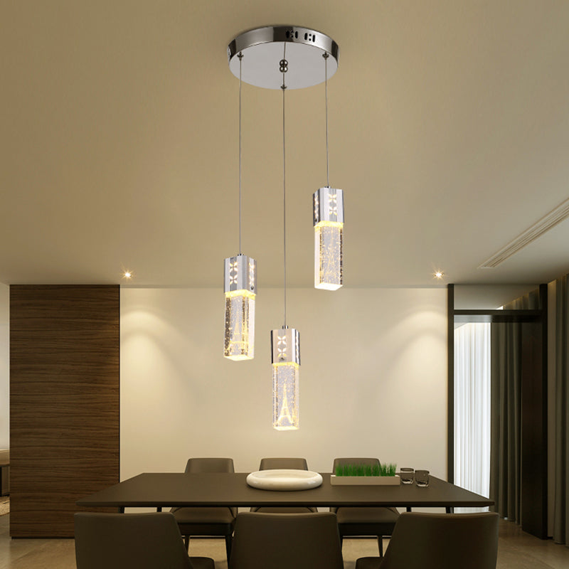 Square Tube LED Hanging Lamp Simple Clear Crystal Glass 3-Light Dining Room Cluster Light Pendant in Chrome Chrome Clearhalo 'Ceiling Lights' 'Modern Pendants' 'Modern' 'Pendant Lights' 'Pendants' Lighting' 916920