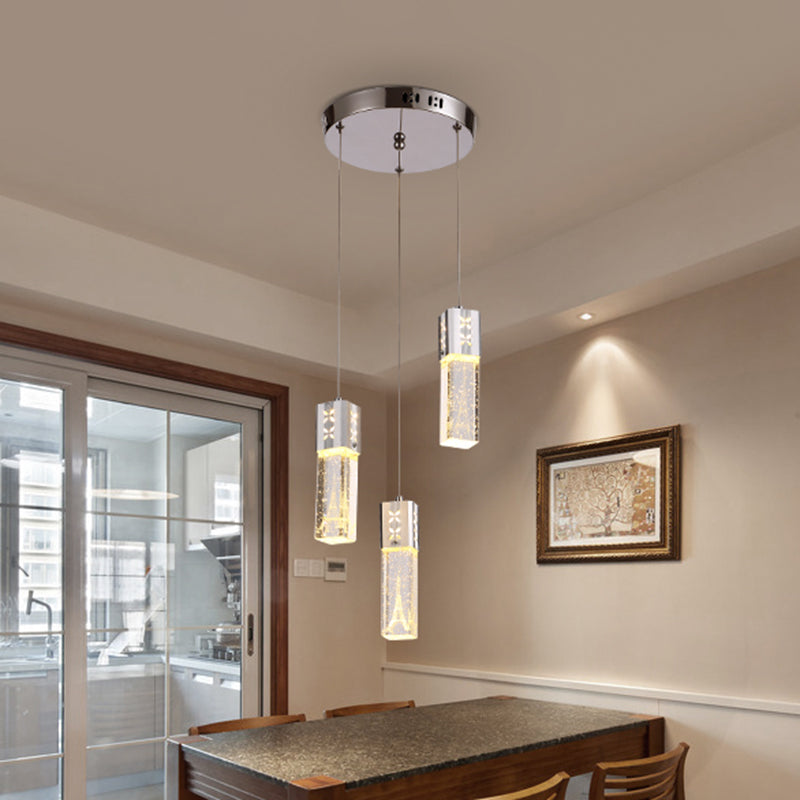 Square Tube LED Hanging Lamp Simple Clear Crystal Glass 3-Light Dining Room Cluster Light Pendant in Chrome Clearhalo 'Ceiling Lights' 'Modern Pendants' 'Modern' 'Pendant Lights' 'Pendants' Lighting' 916921