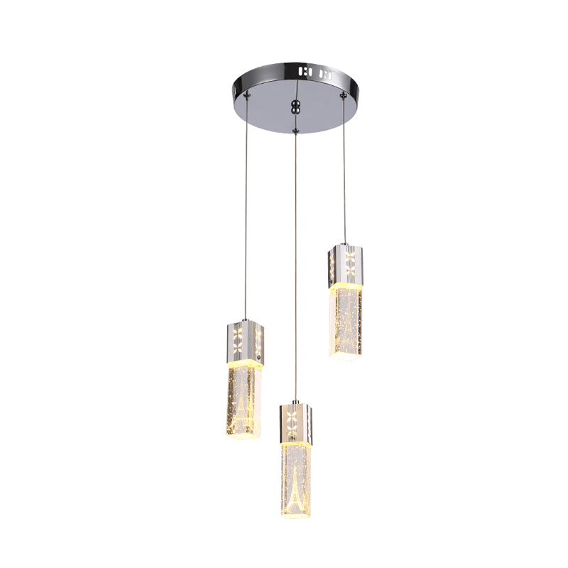 Square Tube LED Hanging Lamp Simple Clear Crystal Glass 3-Light Dining Room Cluster Light Pendant in Chrome Clearhalo 'Ceiling Lights' 'Modern Pendants' 'Modern' 'Pendant Lights' 'Pendants' Lighting' 916922