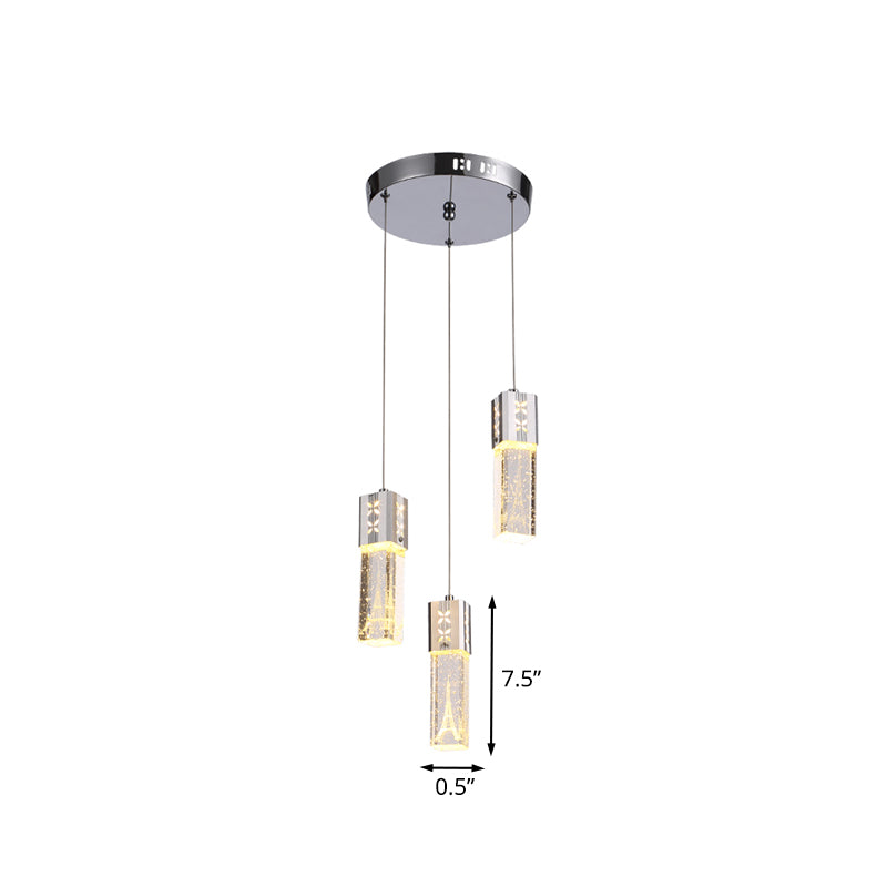 Square Tube LED Hanging Lamp Simple Clear Crystal Glass 3-Light Dining Room Cluster Light Pendant in Chrome Clearhalo 'Ceiling Lights' 'Modern Pendants' 'Modern' 'Pendant Lights' 'Pendants' Lighting' 916923