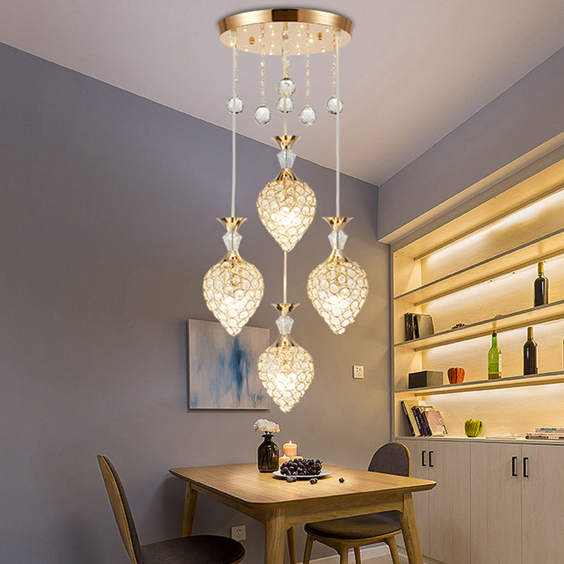 Crystal Encrusted Teardrop Cluster Pendant Modernist 3-Bulb Gold Finish Hanging Ceiling Light Gold Clearhalo 'Ceiling Lights' 'Modern Pendants' 'Modern' 'Pendant Lights' 'Pendants' Lighting' 916928