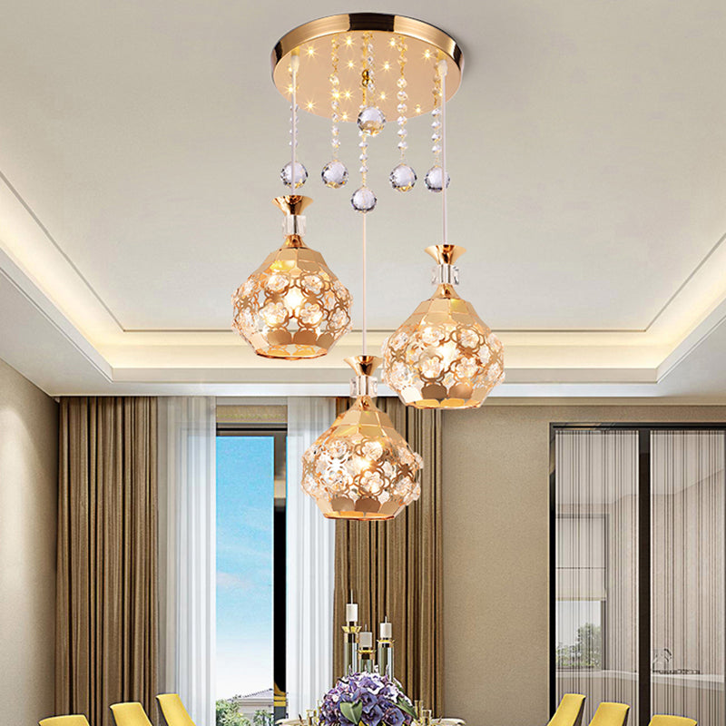 Dome Dinning Room Multi Hanging Light Crystal Embedded 3 Lights Modernism Suspension Lamp in Gold Gold Clearhalo 'Ceiling Lights' 'Modern Pendants' 'Modern' 'Pendant Lights' 'Pendants' Lighting' 916932