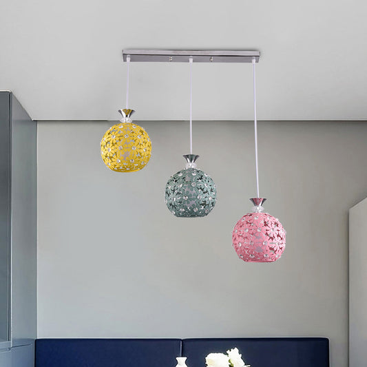 Green-Yellow-Pink Globe Cluster Pendant with Floret Design Modern 3-Head Iron Hanging Lighting Green-Yellow-Pink Clearhalo 'Ceiling Lights' 'Modern Pendants' 'Modern' 'Pendant Lights' 'Pendants' Lighting' 916944