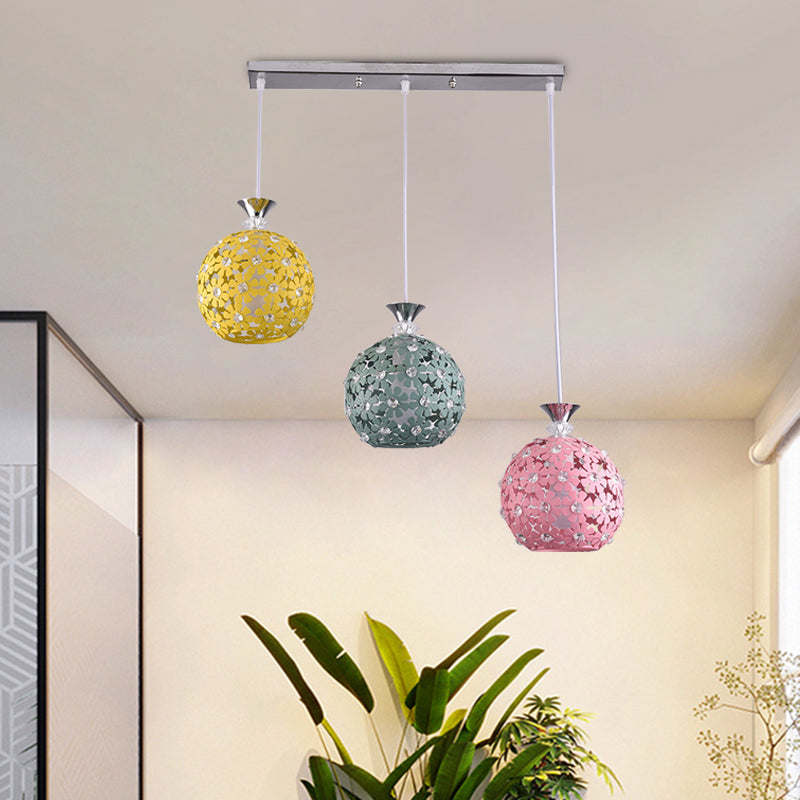 Green-Yellow-Pink Globe Cluster Pendant with Floret Design Modern 3-Head Iron Hanging Lighting Clearhalo 'Ceiling Lights' 'Modern Pendants' 'Modern' 'Pendant Lights' 'Pendants' Lighting' 916945