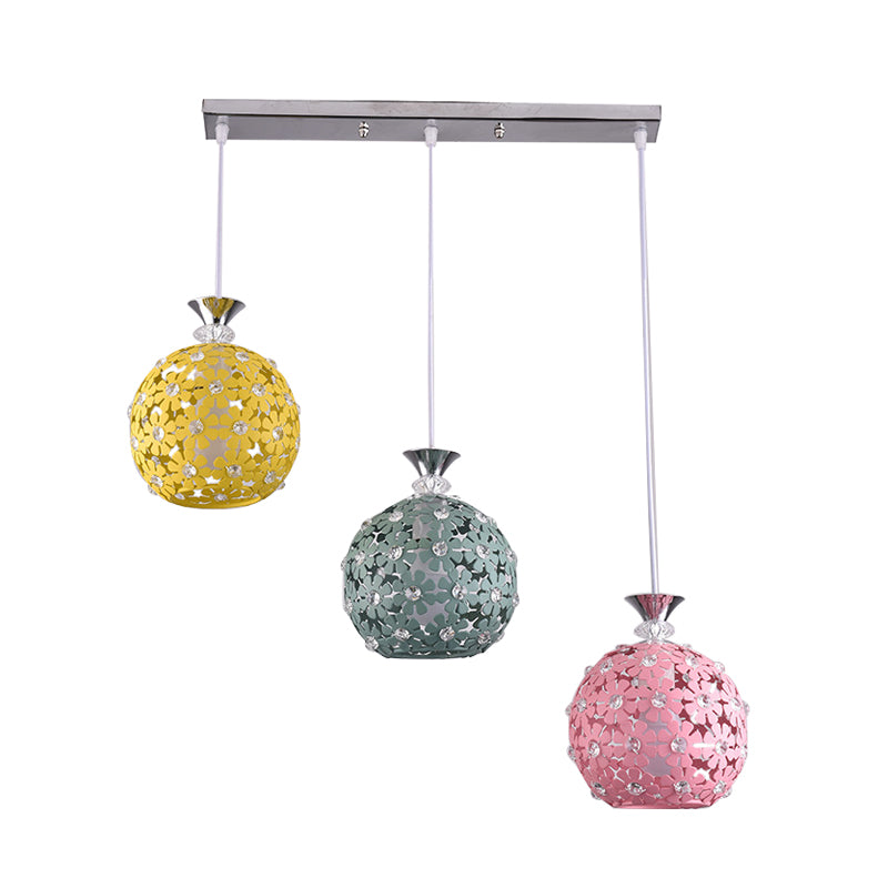 Green-Yellow-Pink Globe Cluster Pendant with Floret Design Modern 3-Head Iron Hanging Lighting Clearhalo 'Ceiling Lights' 'Modern Pendants' 'Modern' 'Pendant Lights' 'Pendants' Lighting' 916946