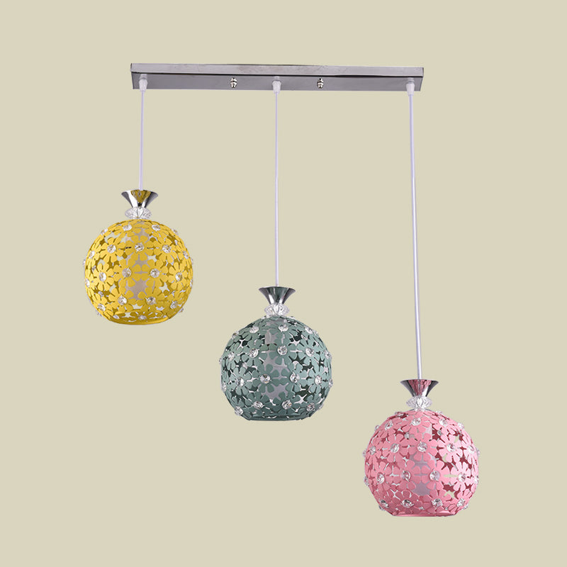 Green-Yellow-Pink Globe Cluster Pendant with Floret Design Modern 3-Head Iron Hanging Lighting Clearhalo 'Ceiling Lights' 'Modern Pendants' 'Modern' 'Pendant Lights' 'Pendants' Lighting' 916947