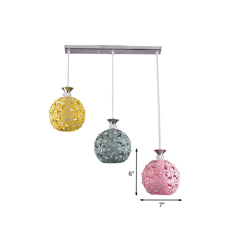 Green-Yellow-Pink Globe Cluster Pendant with Floret Design Modern 3-Head Iron Hanging Lighting Clearhalo 'Ceiling Lights' 'Modern Pendants' 'Modern' 'Pendant Lights' 'Pendants' Lighting' 916948