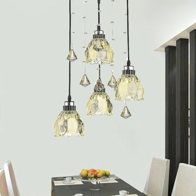 Crystal Lotus Shade Multi Pendant Lamp Fixture Contemporary 4-Bulb Chrome Hanging Light Kit Chrome Clearhalo 'Ceiling Lights' 'Modern Pendants' 'Modern' 'Pendant Lights' 'Pendants' Lighting' 916949