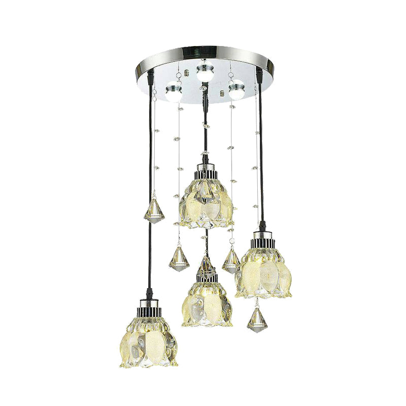 Crystal Lotus Shade Multi Pendant Lamp Fixture Contemporary 4-Bulb Chrome Hanging Light Kit Clearhalo 'Ceiling Lights' 'Modern Pendants' 'Modern' 'Pendant Lights' 'Pendants' Lighting' 916950