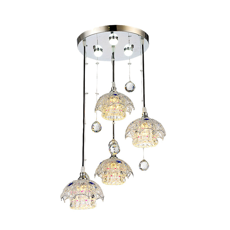 Cylinder Crystal Block Cluster Light Pendant Contemporary 4 Lights Chrome Finish Down Lighting with Umbrella Top Clearhalo 'Ceiling Lights' 'Modern Pendants' 'Modern' 'Pendant Lights' 'Pendants' Lighting' 916954