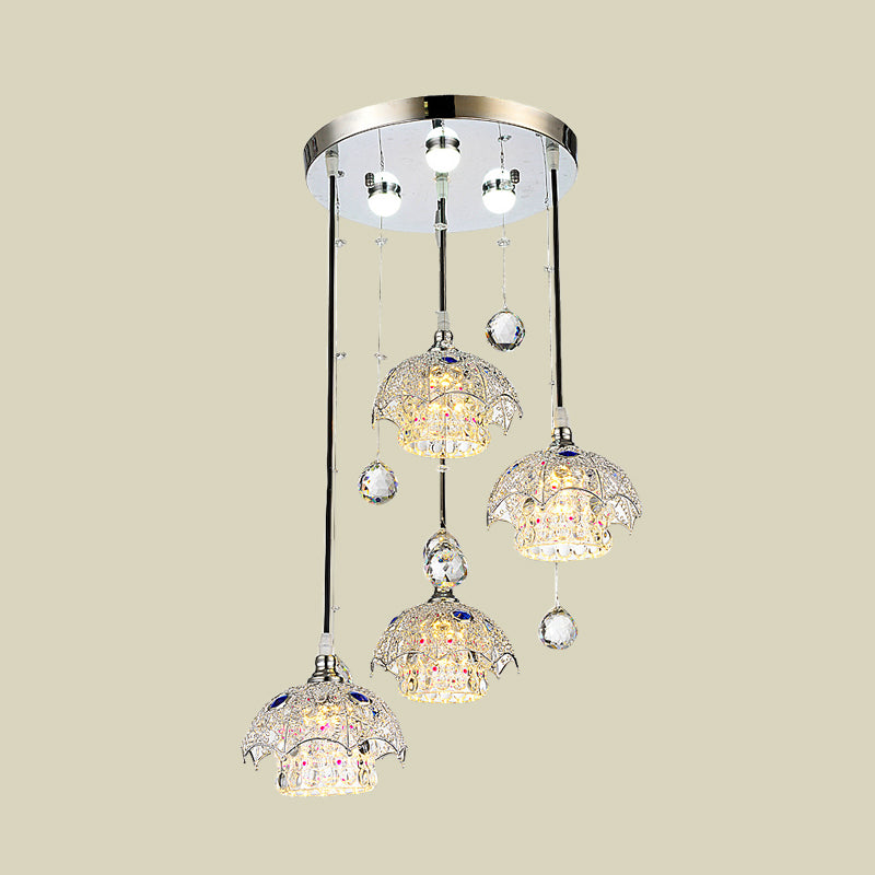 Cylinder Crystal Block Cluster Light Pendant Contemporary 4 Lights Chrome Finish Down Lighting with Umbrella Top Clearhalo 'Ceiling Lights' 'Modern Pendants' 'Modern' 'Pendant Lights' 'Pendants' Lighting' 916955