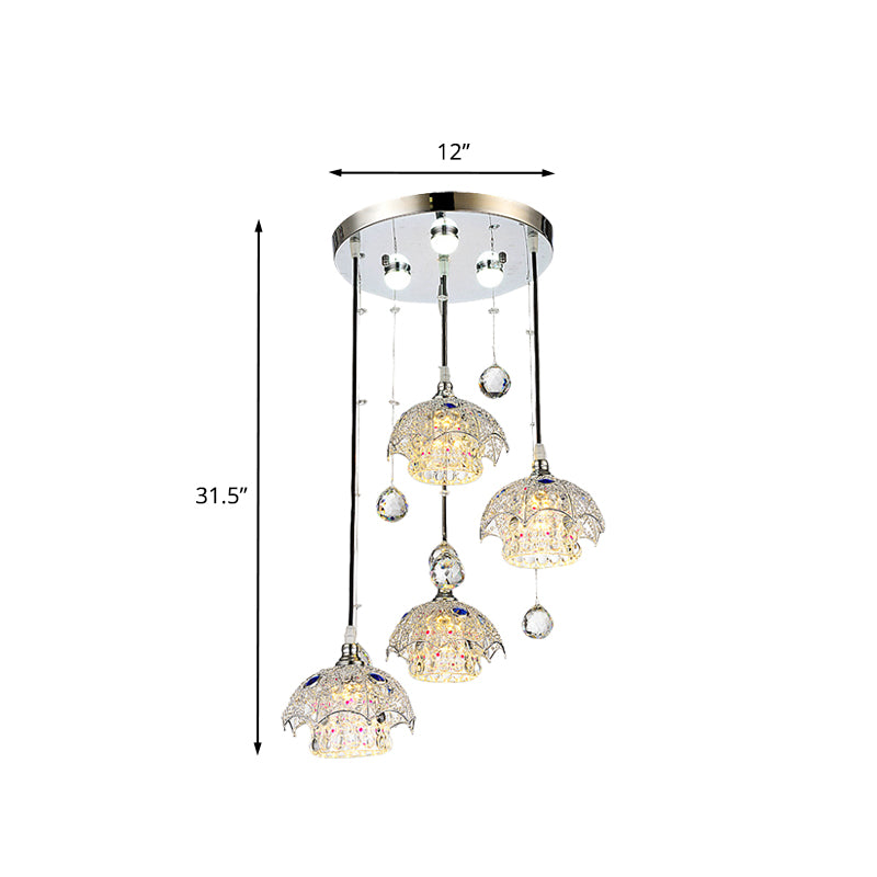 Cylinder Crystal Block Cluster Light Pendant Contemporary 4 Lights Chrome Finish Down Lighting with Umbrella Top Clearhalo 'Ceiling Lights' 'Modern Pendants' 'Modern' 'Pendant Lights' 'Pendants' Lighting' 916956