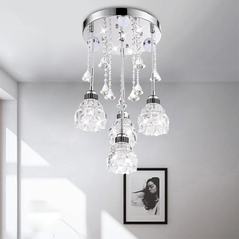 Modern 4 Heads Multi-Pendant with Clear Crystal Shade Chrome Finish Flower Ceiling Light Fixture Clearhalo 'Ceiling Lights' 'Glass shade' 'Glass' 'Island Lights' 'Modern Pendants' 'Modern' 'Pendant Lights' 'Pendants' Lighting' 916958
