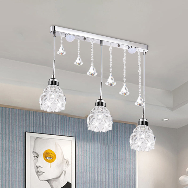 Silver Floral Down Lighting Simple 3 Heads Clear Crystal Glass Linear Multi Pendant Lamp Fixture over Dining Table Silver Clearhalo 'Ceiling Lights' 'Modern Pendants' 'Modern' 'Pendant Lights' 'Pendants' Lighting' 916961