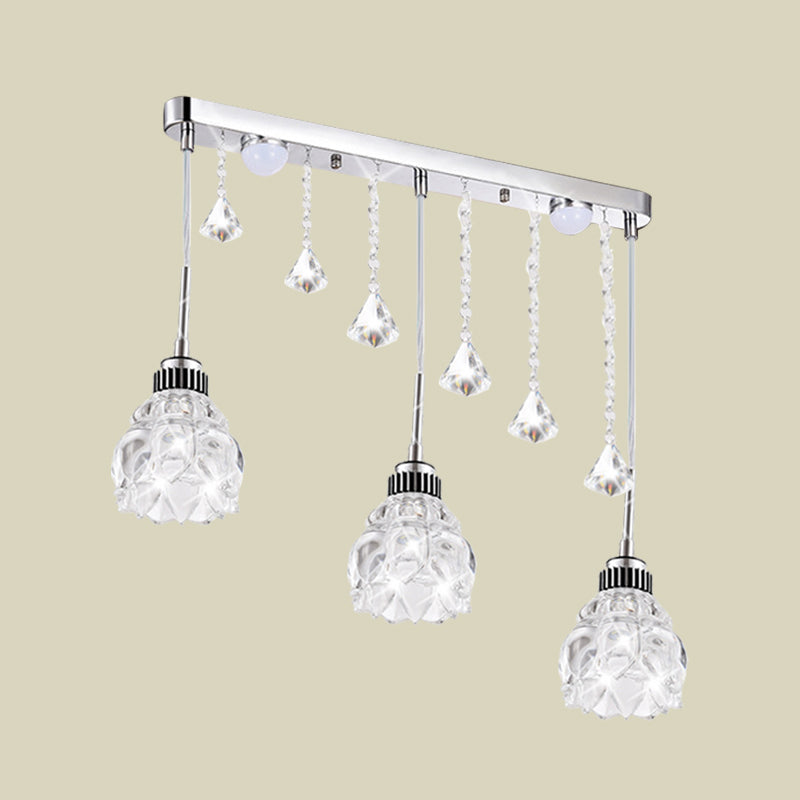 Silver Floral Down Lighting Simple 3 Heads Clear Crystal Glass Linear Multi Pendant Lamp Fixture over Dining Table Clearhalo 'Ceiling Lights' 'Modern Pendants' 'Modern' 'Pendant Lights' 'Pendants' Lighting' 916963