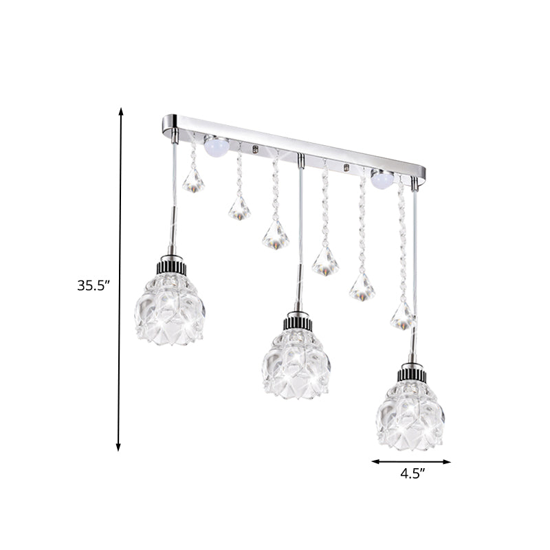 Silver Floral Down Lighting Simple 3 Heads Clear Crystal Glass Linear Multi Pendant Lamp Fixture over Dining Table Clearhalo 'Ceiling Lights' 'Modern Pendants' 'Modern' 'Pendant Lights' 'Pendants' Lighting' 916964