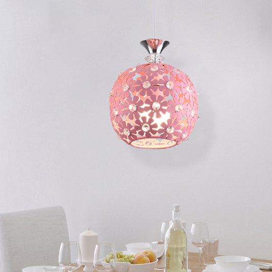 Pink Finish Floret Drop Pendant Light with Sphere Design Minimal 1 Bulb Iron Ceiling Hang Fixture Pink Clearhalo 'Ceiling Lights' 'Modern Pendants' 'Modern' 'Pendant Lights' 'Pendants' Lighting' 916973