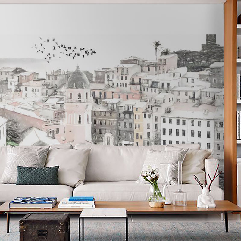 Giant Simple Wall Murals Grey and White Mediterranean Construction Wall Decor, Customized Size Available Clearhalo 'Wall Decor' 'Wall Mural' 917025