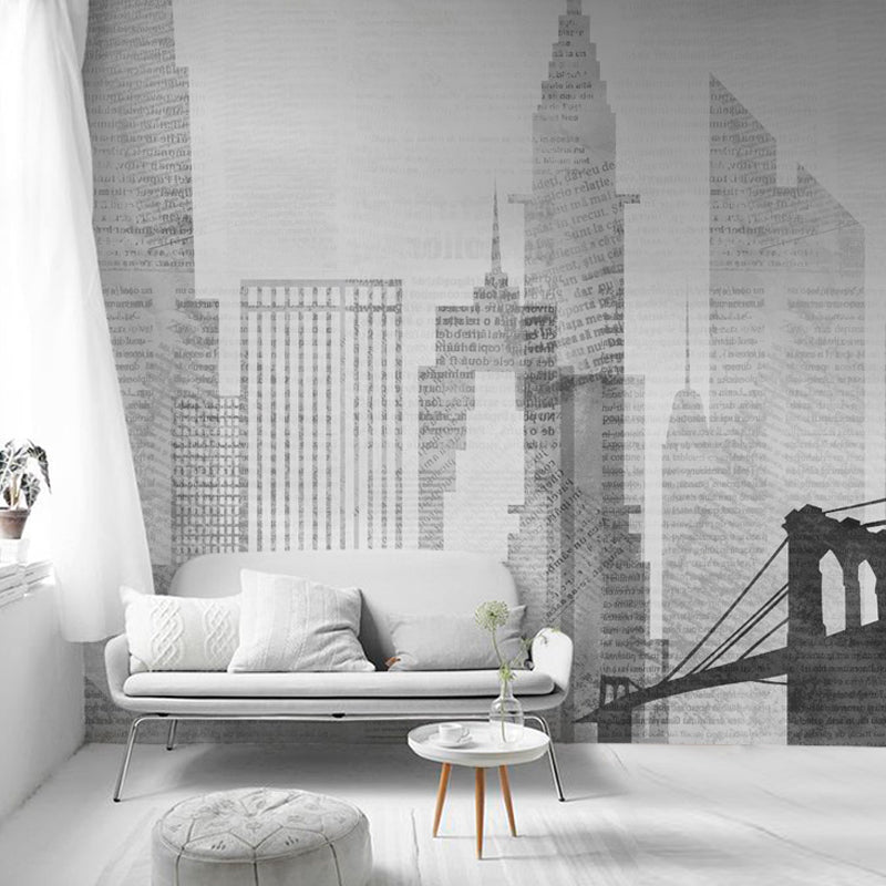 Nordic Wall Mural Neutral Color Skyscraper and Street Customized Wall Art for Fireplace Wall Art Grey Clearhalo 'Wall Decor' 'Wall Mural' 917029