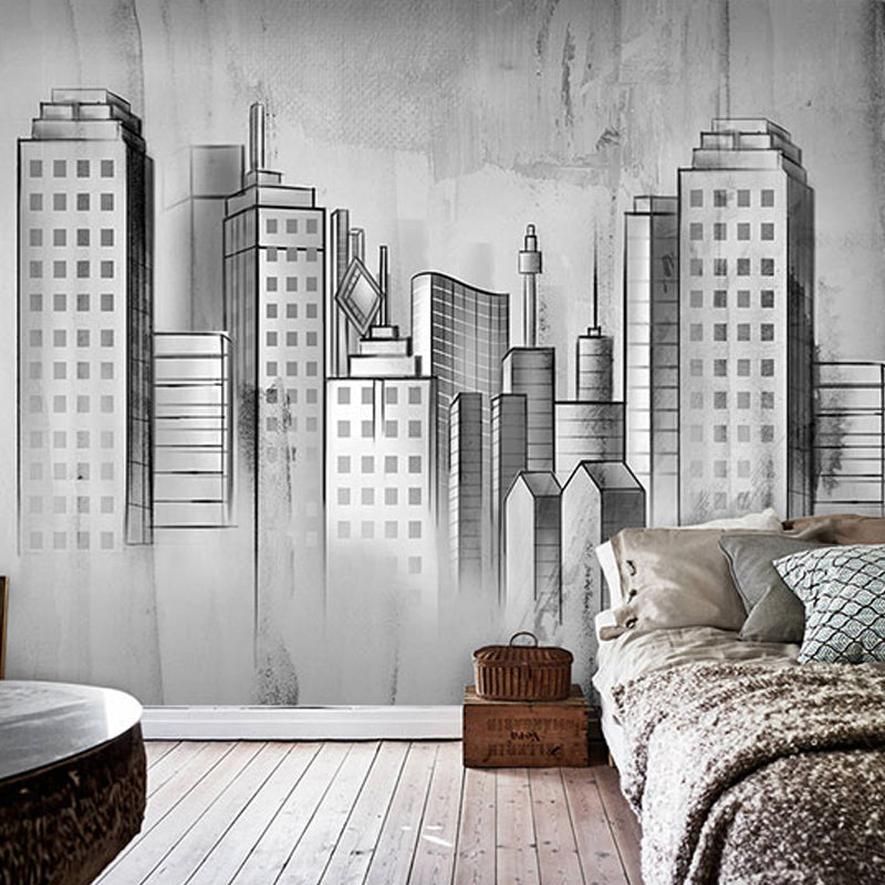 Moisture-Resistant Mural Wallpaper Retro Building Custom-Made Nostalgic Wall Art for Decoration Gray-Black Clearhalo 'Wall Decor' 'Wall Mural' 917034