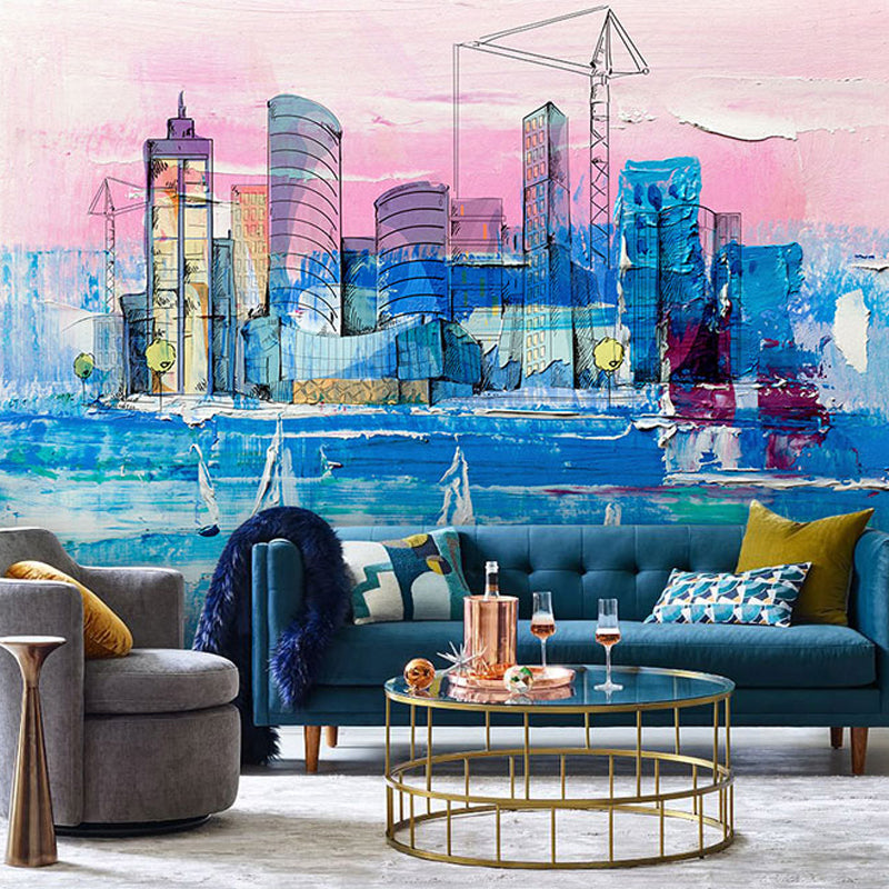 Big Original Murals for Living Room Abstract Contemporary Construction, Made to Measure Pink-Blue Clearhalo 'Wall Decor' 'Wall Mural' 917044