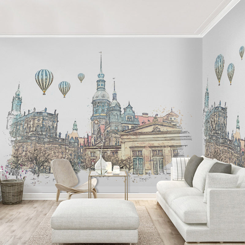 Fresh Wall Murals for Guest Room, Pastel Color Fire Balloon above City, Customized Size Available Clearhalo 'Wall Decor' 'Wall Mural' 917055