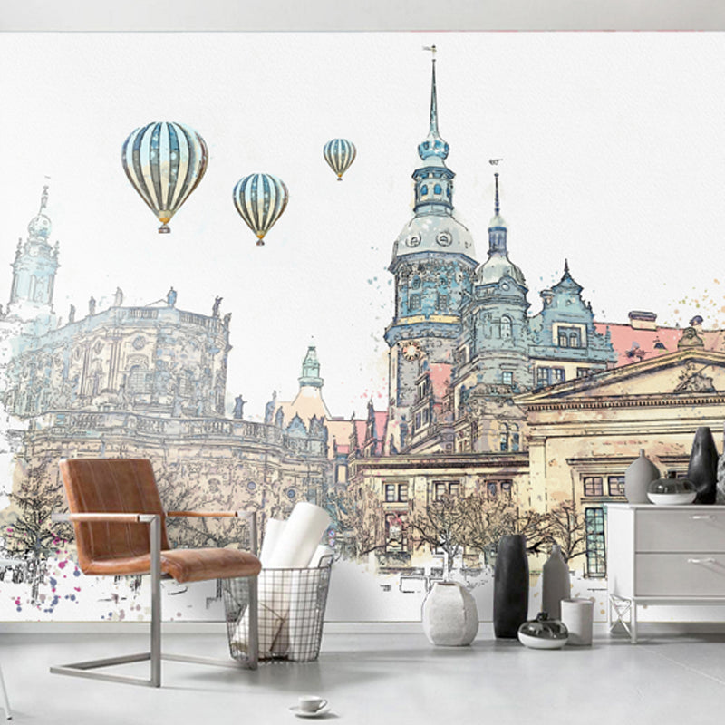 Fresh Wall Murals for Guest Room, Pastel Color Fire Balloon above City, Customized Size Available Clearhalo 'Wall Decor' 'Wall Mural' 917056